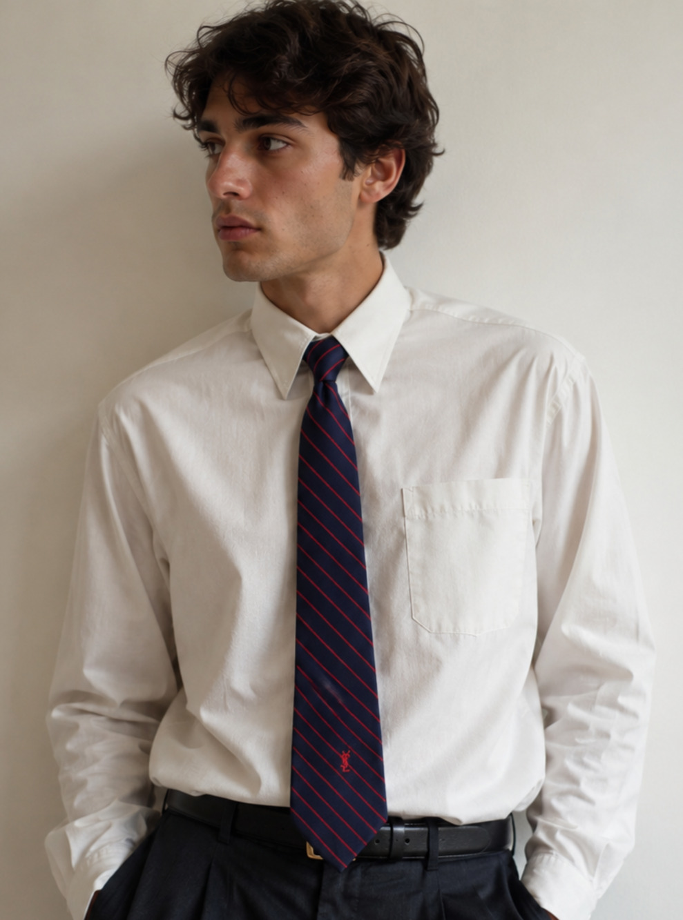 Vintage Yves Saint Laurent Navy Red Striped Tie YSL Logo
